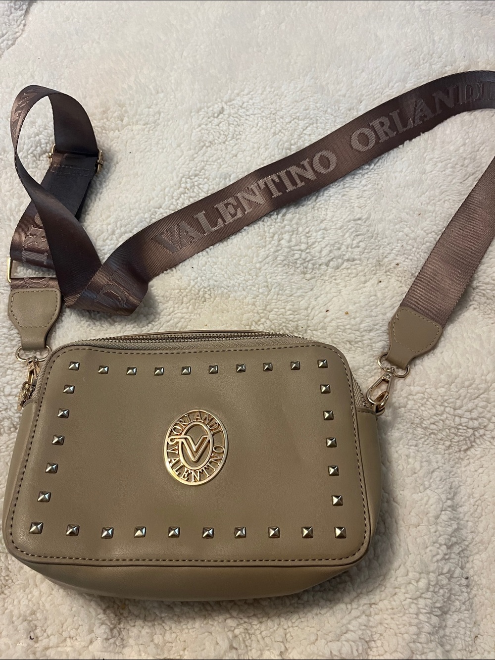 Valentino Orlandi Taupe Leather Crossbody with Branded Strap
